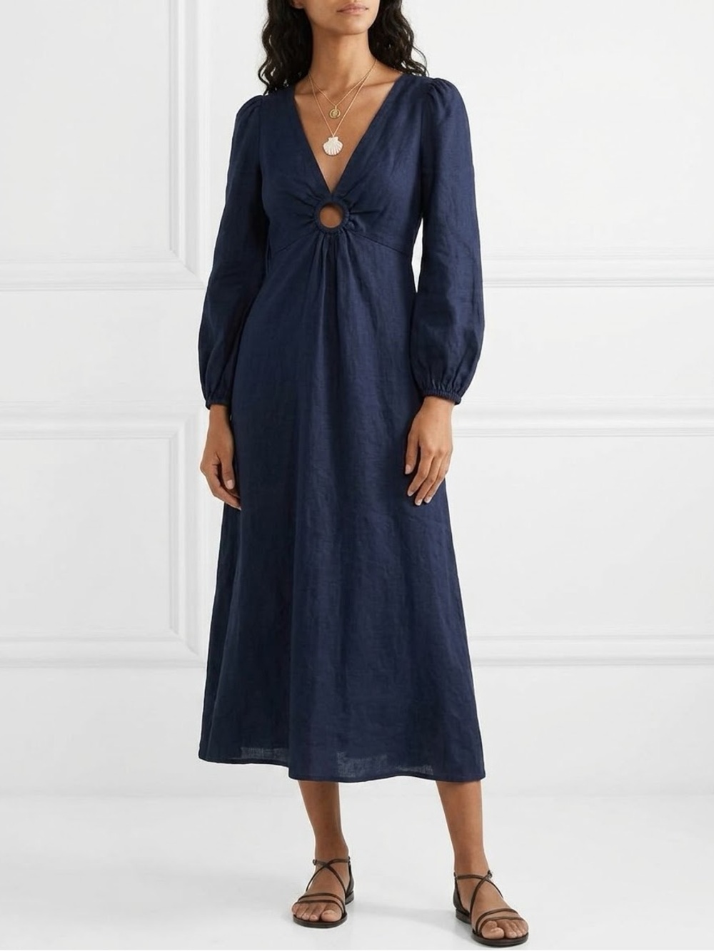Zimmermann Wayfarer Cutout Linen Midi Dress Navy Barneys Size 1